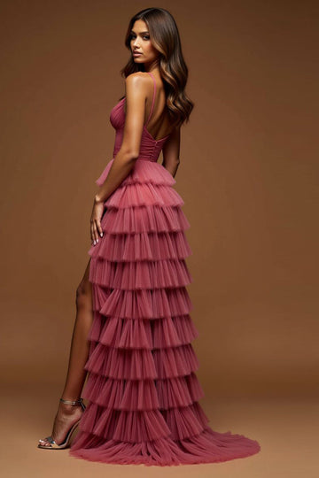 Desert Rose A-ligne spaghetti bretelles volants Tulle Robe longue de bal avec fente